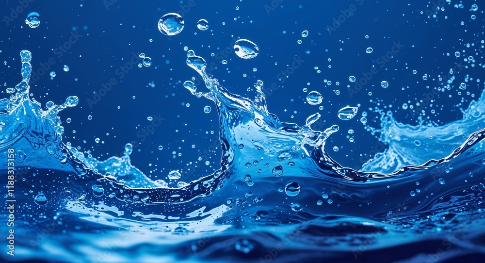 Water splashes and droplets in various shades of blue evoking a refreshing and lively feel in blue illustration background Water splashes and droplets in various shades of blue evoking a refreshing and lively feel in blue illustration background