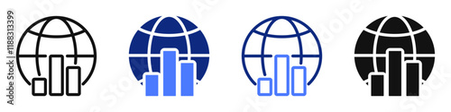 Vector icon or logo of globe with data graph related to computer network technology, data science and statistics. Symbol for website or app ui, logo design, illustration