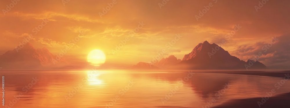 Fototapeta premium Serene Beach Sunset, tranquil scene with soft golden and orange hues reflecting on calm waters, perfect for relaxation and inspiration