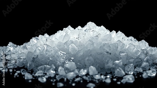 A glistening pile of crushed ice cubes, capturing the essence of frozen water in its purest form.