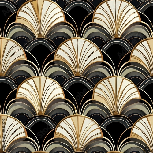 Art Deco pattern featuring elegant fan shapes in gold and black tones.