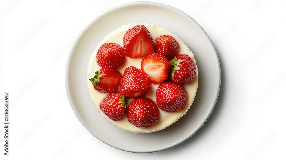 Top view of a creamy cheesecake topped with fresh strawberries on a white plate, isolated on a white background. Top view of a creamy cheesecake topped with fresh strawberries on a white plate, isolated on a white background.
