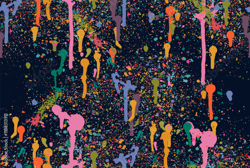 Abstract color splash, paint splashes with drips, spraying from a spray can graffiti seamless pattern. Vector spray paint on a black background. Paint colorful splashes with drips detailed pattern.