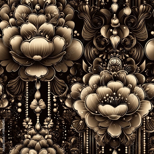 Elegant floral pattern in gold and black tones, creating a luxurious vibe.