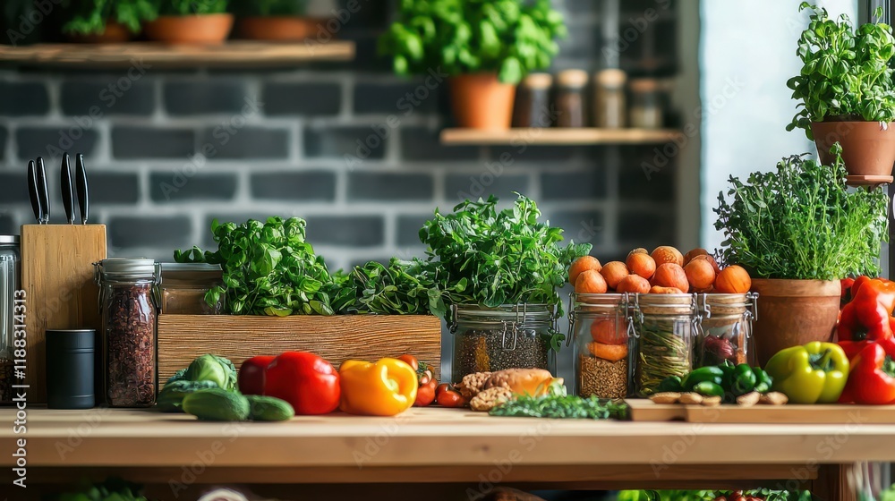 Fototapeta premium A well-organized kitchen with fresh produce, herbs, and healthy snacks on display. 