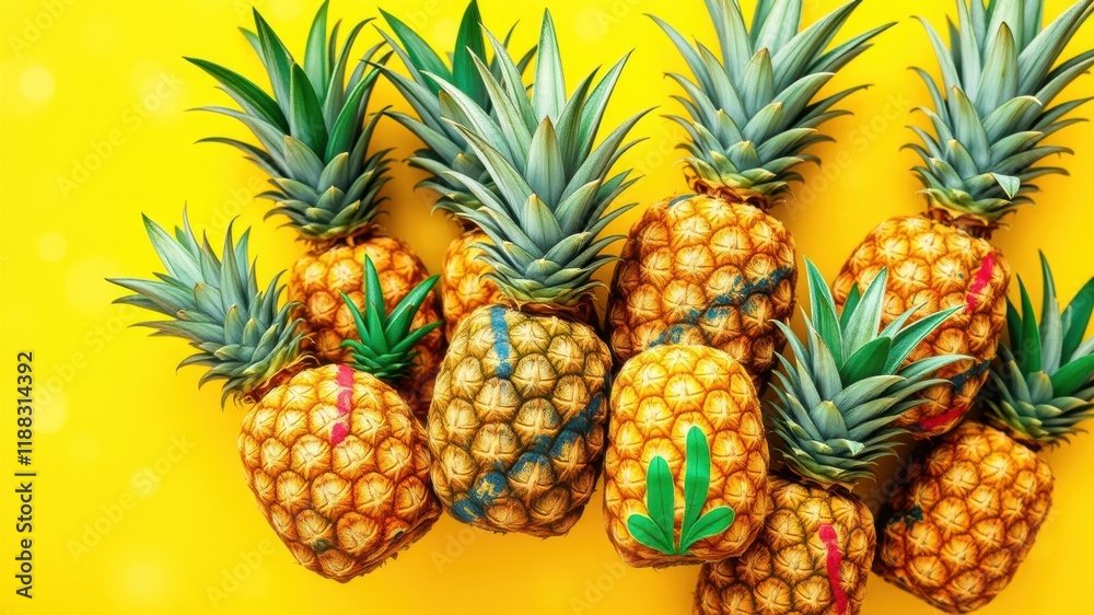 A cluster of golden pineapples with vibrant green tops, artfully arranged against a cheerful yellow background, radiate a sense of tropical joy. A cluster of golden pineapples with vibrant green tops, artfully arranged against a cheerful yellow background, radiate a sense of tropical joy.
