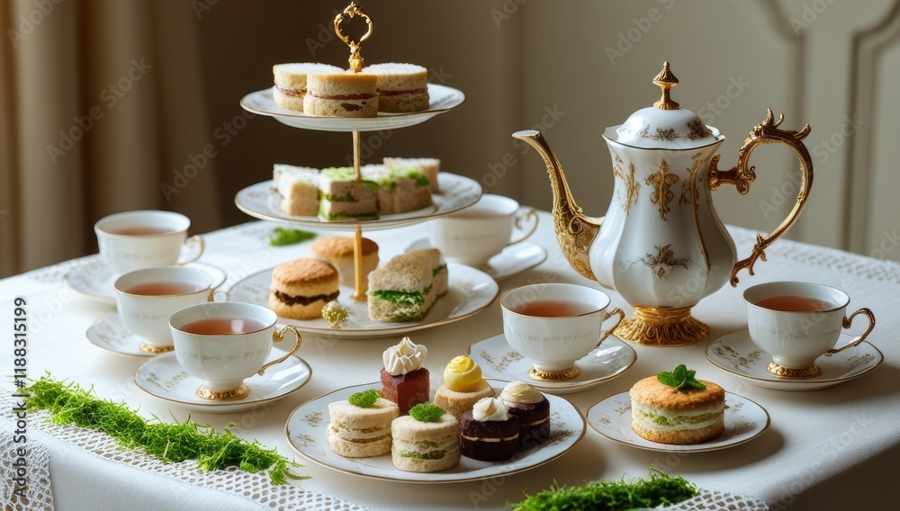 Fototapeta premium Elegant Afternoon Tea Service with Delicate Pastries and Golden Accents