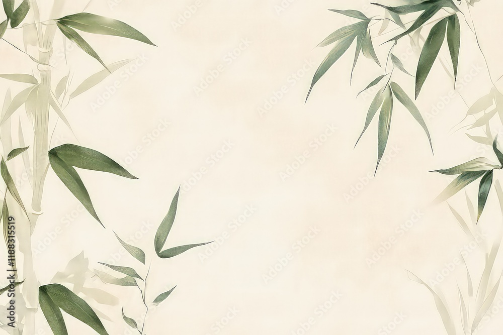 Obraz premium A minimalist Chinese background template showcasing traditional Asian patterns like the Great Wall and bamboo, placed on a soft paper-colored backdrop.