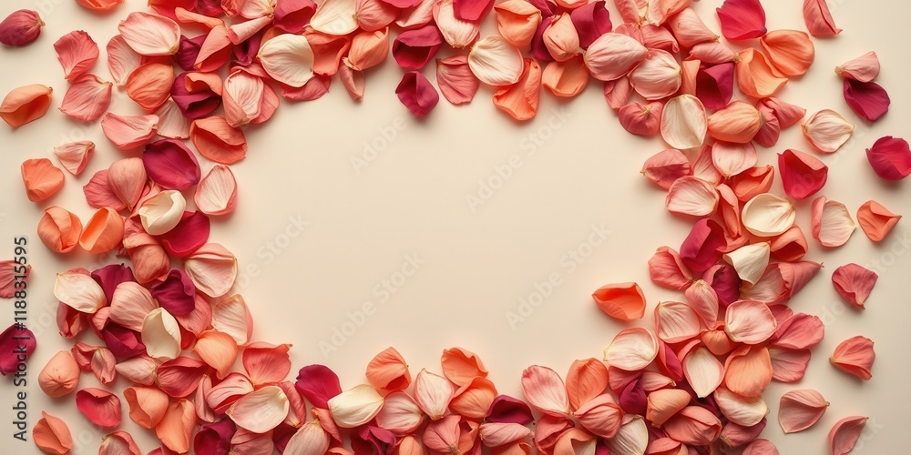 Obraz premium A romantic frame of delicate rose petals, arranged in a circular pattern on a light pink background, creating a blank canvas for a heartfelt message.