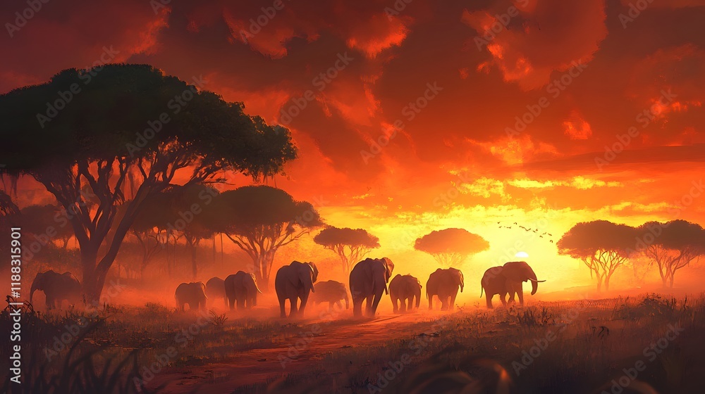 Fototapeta premium Elephants Silhouetted Against a Fiery African Sunset