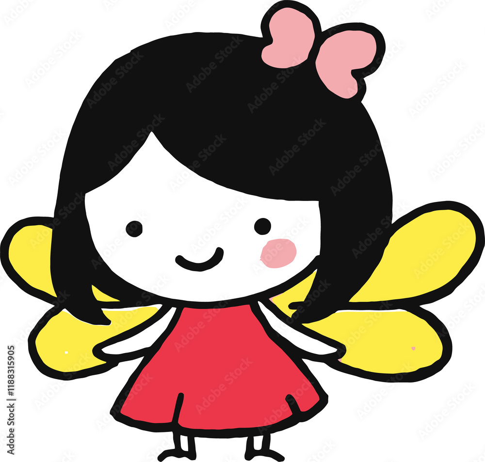 Cute Cartoon Fairy Girl with Yellow Wings and Pink Bow in Red Dress Cute Cartoon Fairy Girl with Yellow Wings and Pink Bow in Red Dress