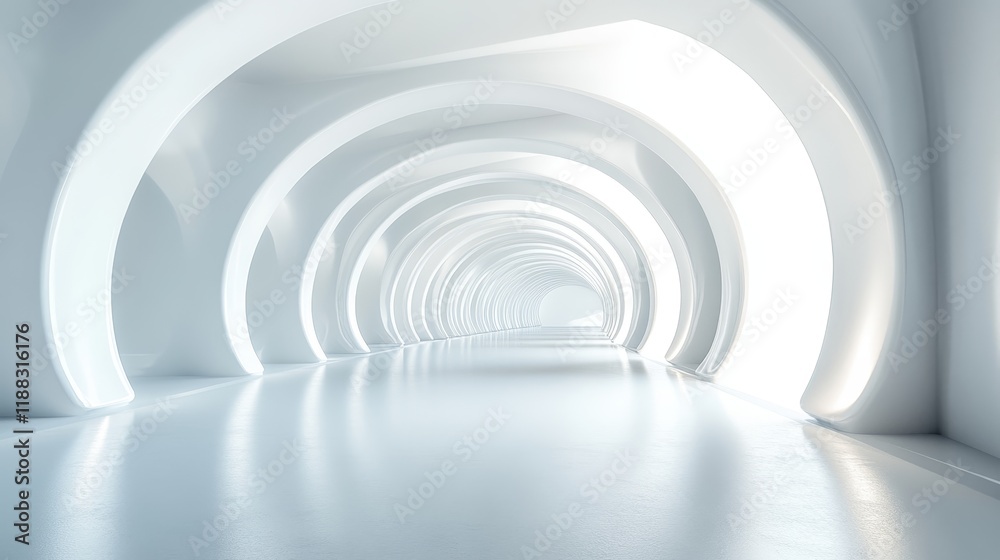 Abstract white tunnel with glowing light and reflective floor. Abstract white tunnel with glowing light and reflective floor.