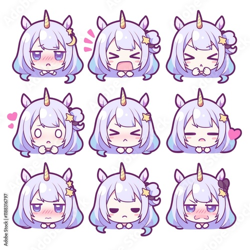 Set of unicorn girl emotes with purple hair, various expressions, cute and adorable chibi kawaii designs, perfect for stickers and digital use
