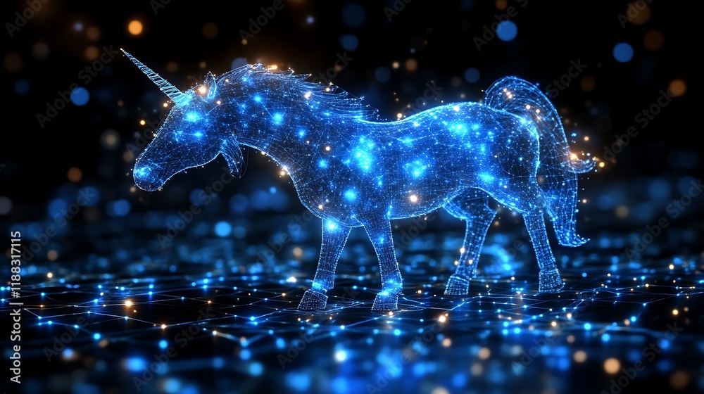 A luminous blue unicorn stands on a digital network A luminous blue unicorn stands on a digital network