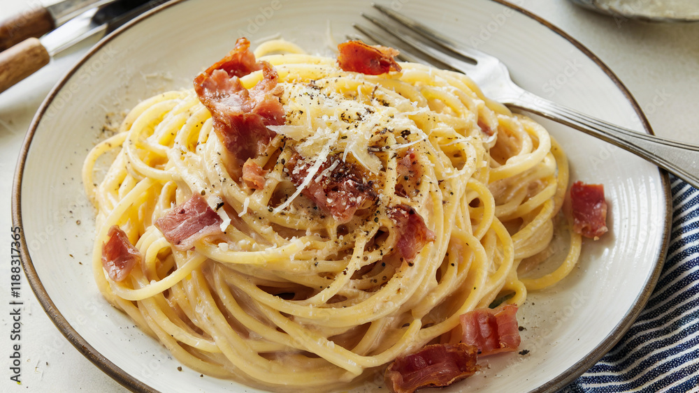 tasty traditional italian spaghetti carbonara, pasta with cheese and pancetta bacon, served on an elegant plate, close up tasty traditional italian spaghetti carbonara, pasta with cheese and pancetta bacon, served on an elegant plate, close up