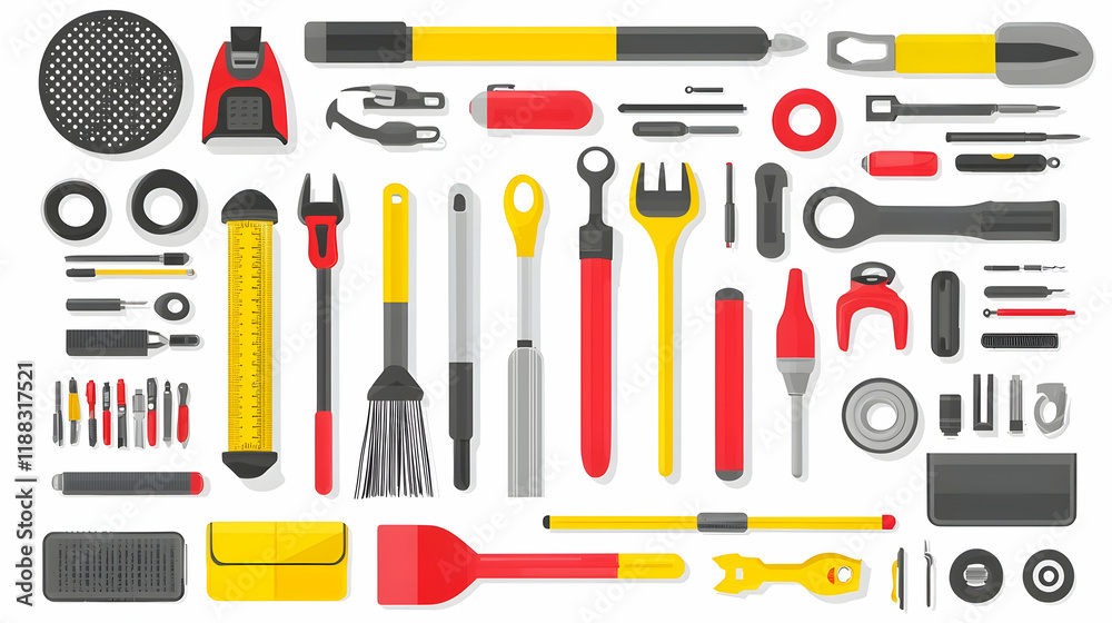 Flat lay colorful tools collection on white background, showcasing various hand tools and equipment for DIY projects or repair work