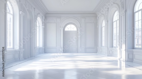 Luxurious white room with arched windows and doors, sunlight streaming in.