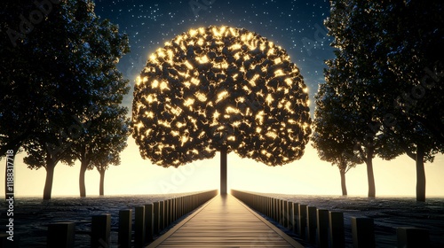 A glowing tree shaped like a brain symbolizes personal growth and mental well-being, essential for achieving a balanced lifestyle.