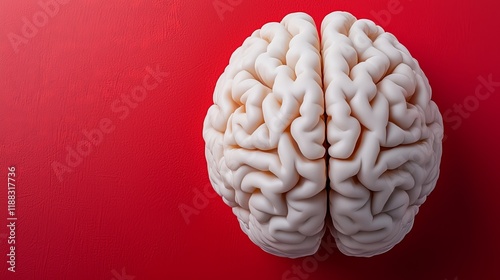 A brain model on a red background, symbolizing the importance of mental health and cognitive balance in achieving work-life balance.