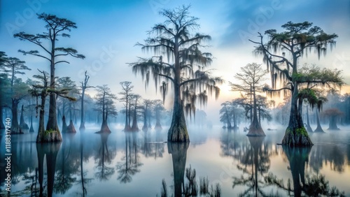 Overgrown cypress trees stand like skeletal sentinels in a misty, dark swamp, their knotted branches grasping towards a foreboding sky at dusk, nature, wilderness photo