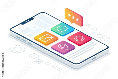 Colorful smartphone interface with app icons and messaging features