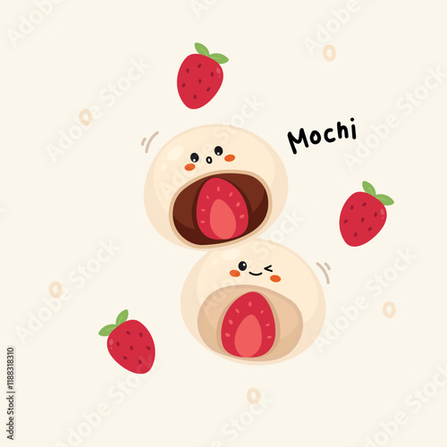 Cute Strawberry Daifuku Mochi Hand Drawn Illustration