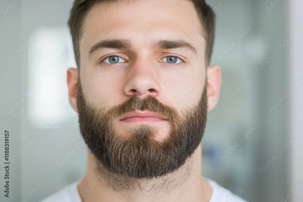 Obraz premium Confident man with a beard and striking blue eyes in a bright indoor setting