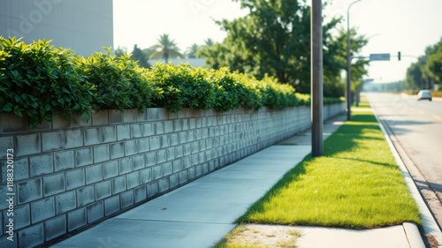 A brick wall lined with lush green shrubbery separates a concrete sidewalk from a grassy median and a paved road beyond.