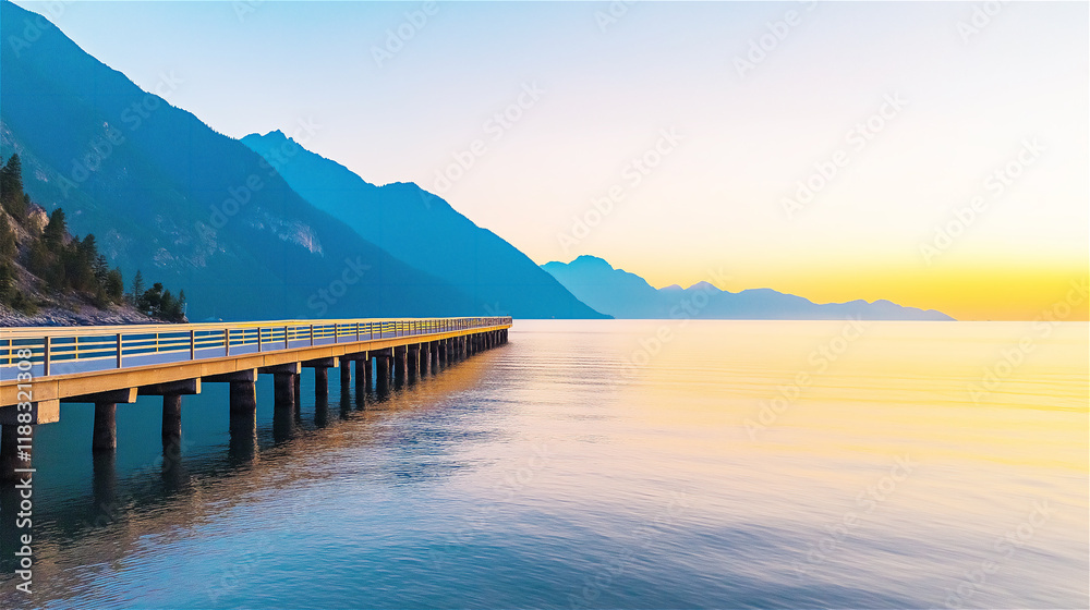 A peaceful lakeside pier with clear blue water and distant mountains under a bright sky, capturing tranquility and natural beauty. A peaceful lakeside pier with clear blue water and distant mountains under a bright sky, capturing tranquility and natural beauty.