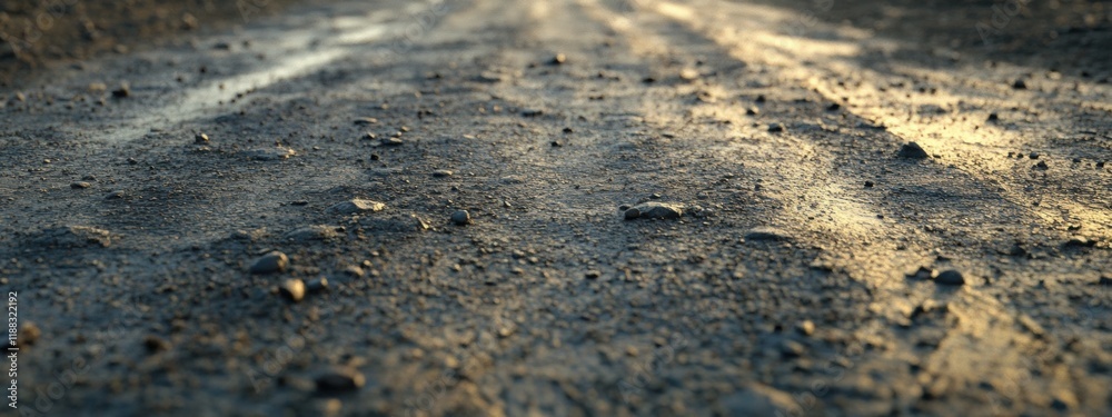 Textured dirt road featuring embedded pebbles and tire marks, showcasing the ruggedness of unpaved travel paths. Textured dirt road featuring embedded pebbles and tire marks, showcasing the ruggedness of unpaved travel paths.