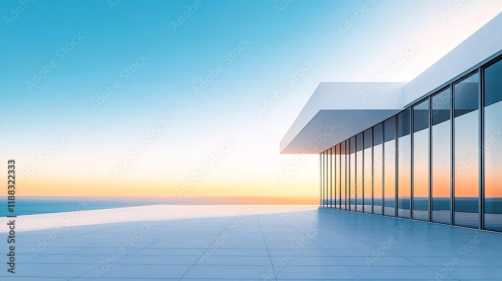 Obraz premium A white minimalist building with large floor-to-ceiling windows overlooking the sea.