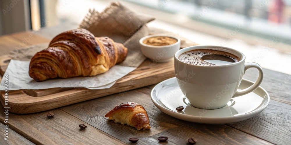 Morning delight: fresh croissant and coffee on rustic wooden table Morning delight: fresh croissant and coffee on rustic wooden table