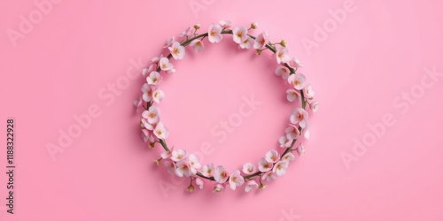 A delicate floral wreath made of delicate pink blossoms arranged in a circle on a soft pink background, creating a whimsical and elegant design.