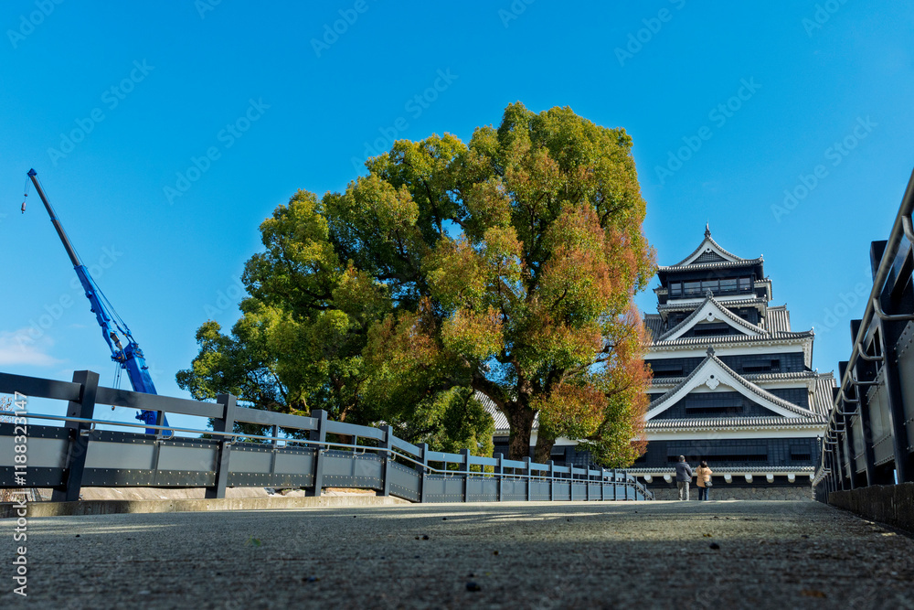 Tourist take photo Kumamoto Castle view from terrace and balcony in sunny blue sky day, Kumamoto, Japan.. the Kumamoto castle was a large and well-fortified castle.