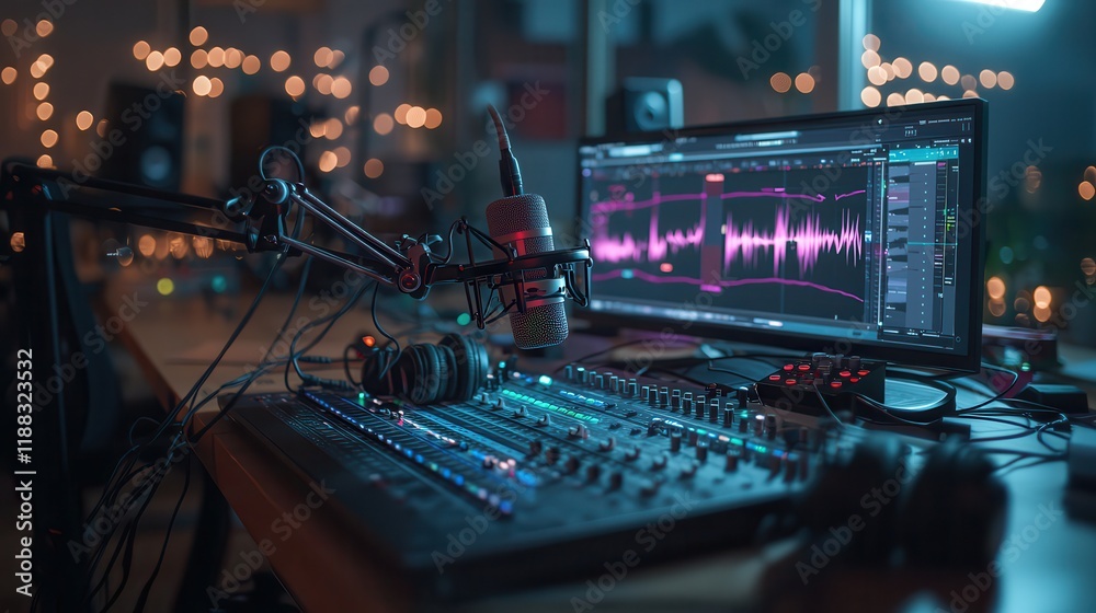 Music studios combine microphones with digital editing tools. Modern audio workstation with mixing console and waveform display. Music studios combine microphones with digital editing tools. Modern audio workstation with mixing console and waveform display.