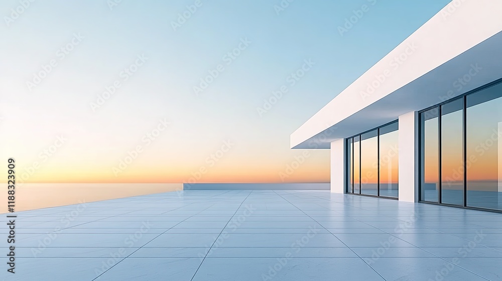Obraz premium A white minimalist building with large floor-to-ceiling windows overlooking the sea.