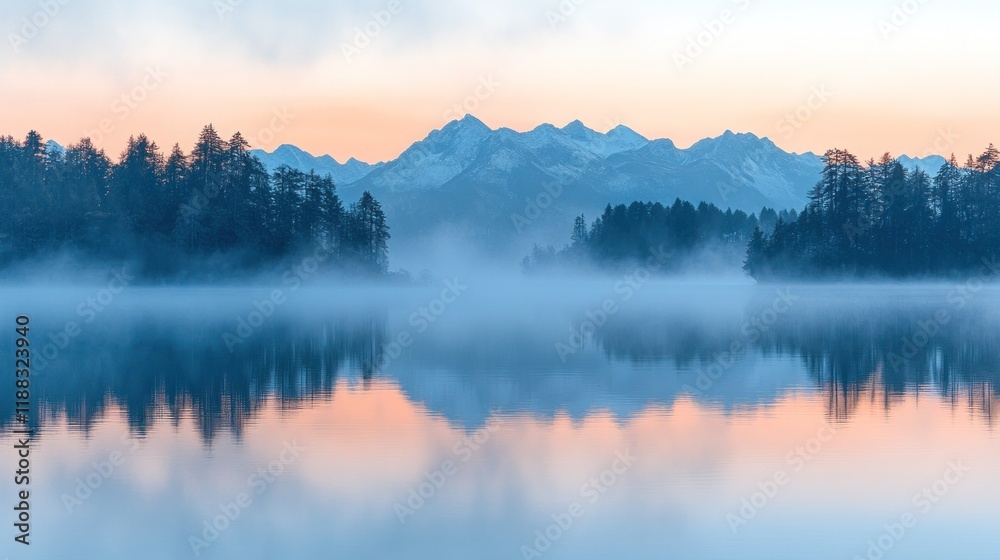 Fototapeta premium Misty lake reflecting mountain sunrise, forest silhouette.
