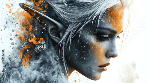 The image portrays an elf sorceress with striking white hair and silver eyes, standing in a dynamic pose that captures her power and grace. The double exposure effect gives the piece a surreal, layere photo