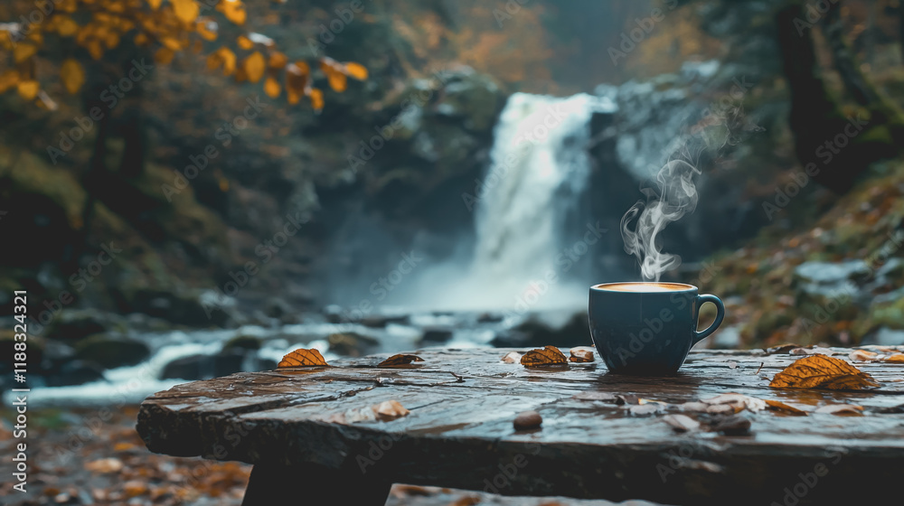A cup of coffee resting on a log in front of a beautiful waterfall cascading over rocks in a lush green forest surrounded by nature and tranquility inviting relaxation and peace A cup of coffee resting on a log in front of a beautiful waterfall cascading over rocks in a lush green forest surrounded by nature and tranquility inviting relaxation and peace