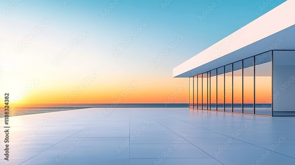 Obraz premium A white minimalist building with large floor-to-ceiling windows overlooking the sea.