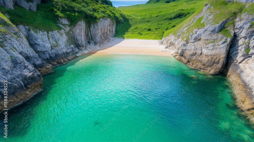 Obraz premium A breathtaking view of a turquoise cove surrounded by rocky cliffs and lush greenery under a clear blue sky. A serene and scenic paradise.