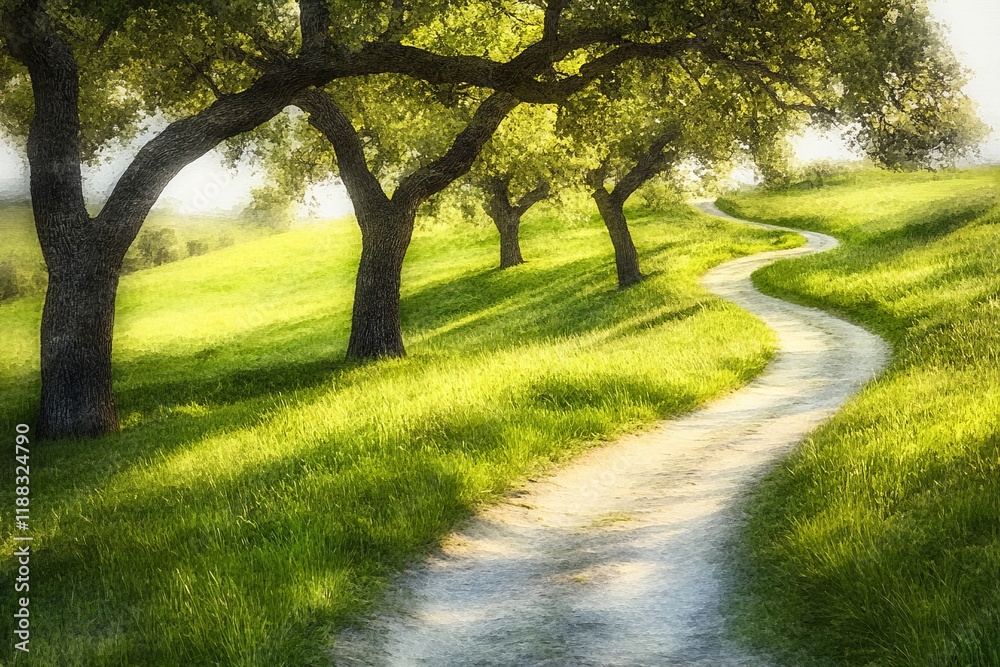 Winding path through sun-drenched grassy field with oak trees. Winding path through sun-drenched grassy field with oak trees.