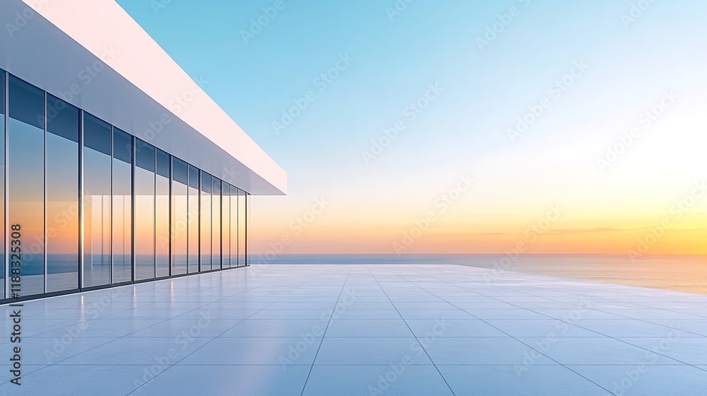 Obraz premium A white minimalist building with large floor-to-ceiling windows overlooking the sea.