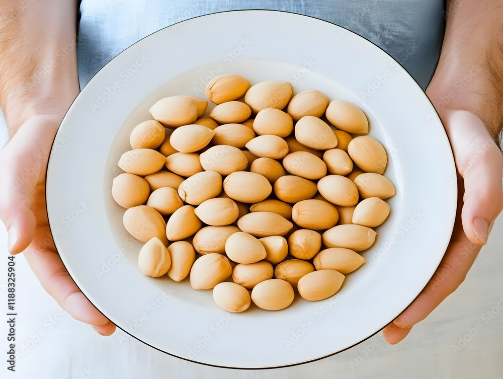 Hands Holding a White Plate Filled with Freshly Peeled Ginkgo Nuts Hands Holding a White Plate Filled with Freshly Peeled Ginkgo Nuts