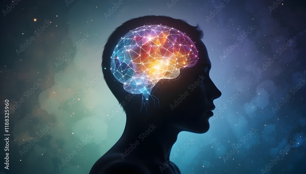 Layers of the Mind: A glowing head silhouette with multiple colorful layers inside, symbolizing mental health complexity