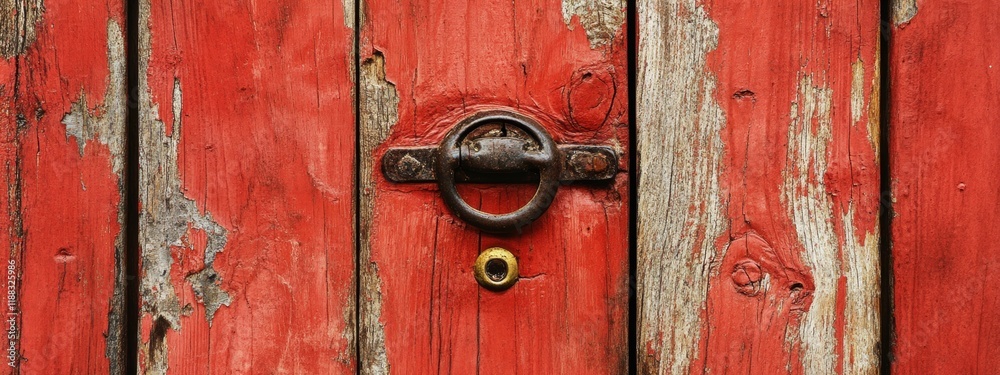 Fototapeta premium Weathered Wooden Door, intricate texture of peeling paint, rich history reflected in age lines, inviting exploration of its story
