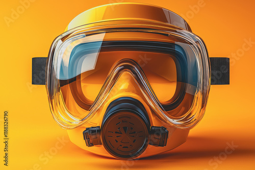 Gas mask with goggles on bright orange background symbolizing protection and safety in hazardous environments ideal for themes related to survival and emergency situations photo