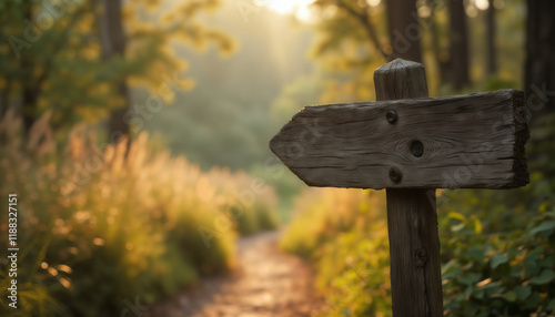 an empty sign board on the background of a forest, made of wood, old and weathered plaque photo