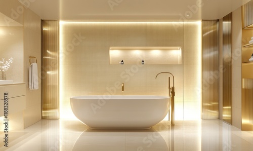 A luxurious bathroom with a freestanding tub, gold accents, and soft ambient light  photo