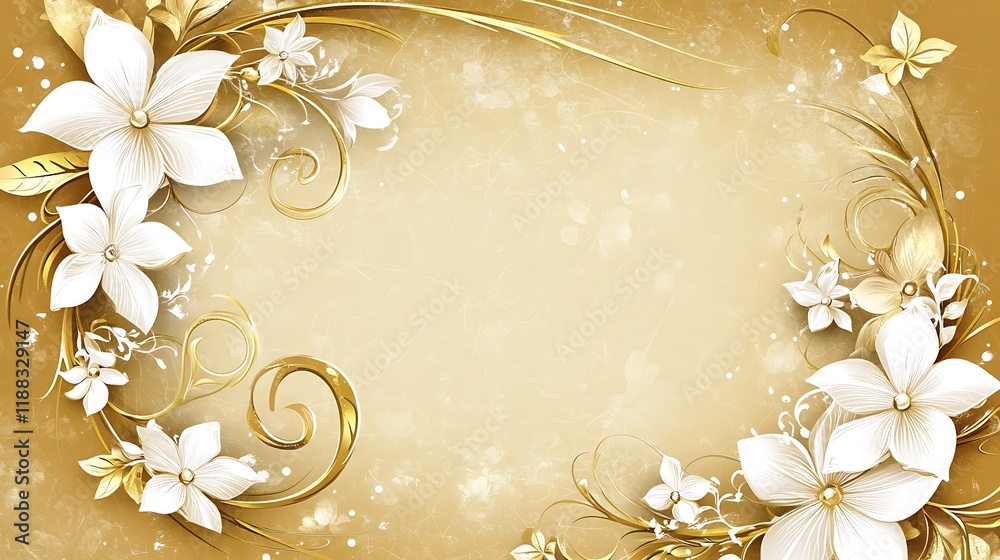 Naklejka premium Elegant White Flowers and Golden Vines Design